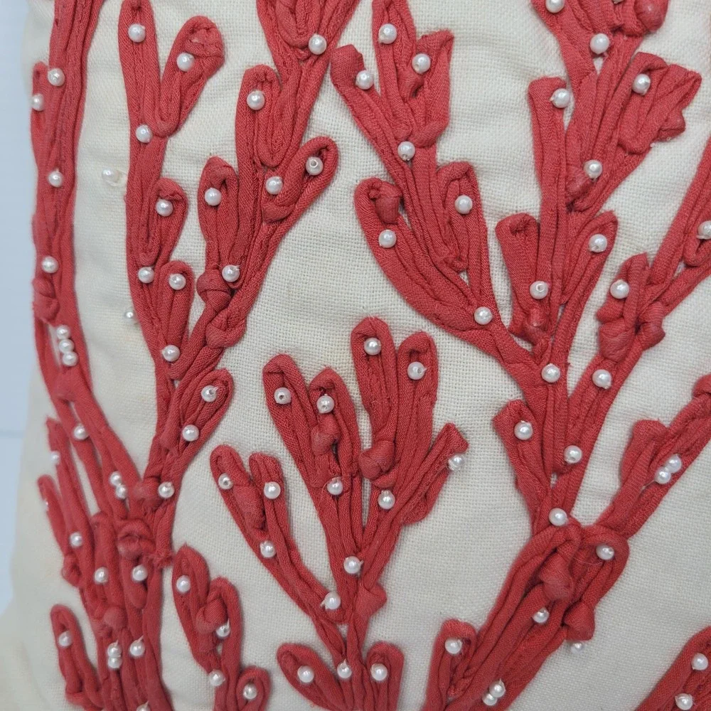 Pottery Barn Throw Pillow Coral Coastal Beaded Red White 12x12 Square Cotton